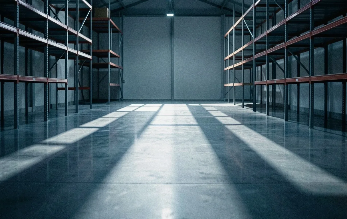Minimalist distribution warehouse at dusk